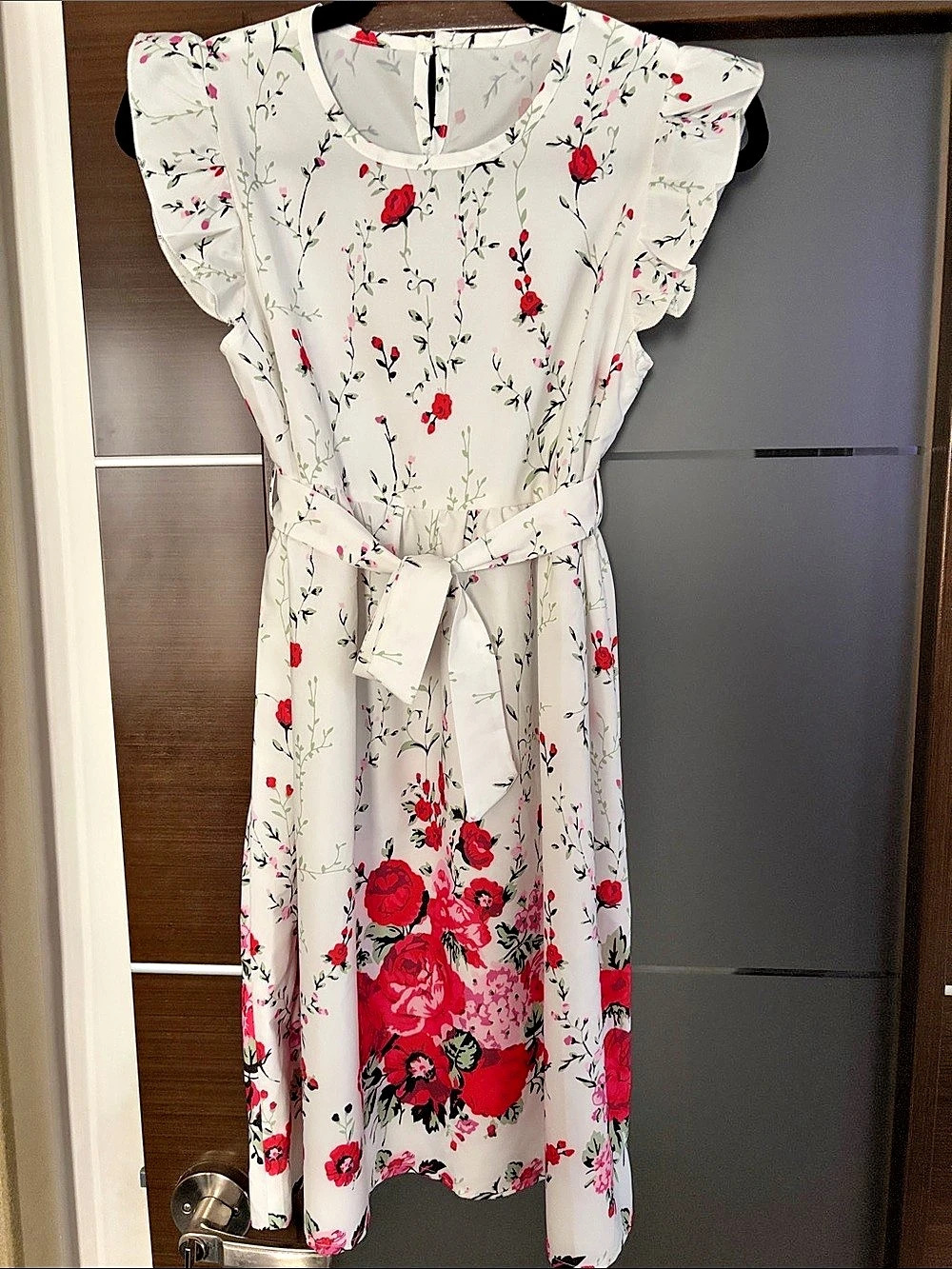 Floral Midi Dress in White & Red Like New